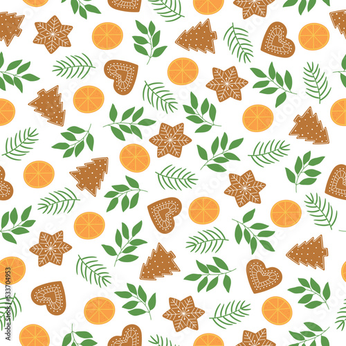 Seamless pattern of gingerbread cookies, orange slices and twigs. Winter elements on white background