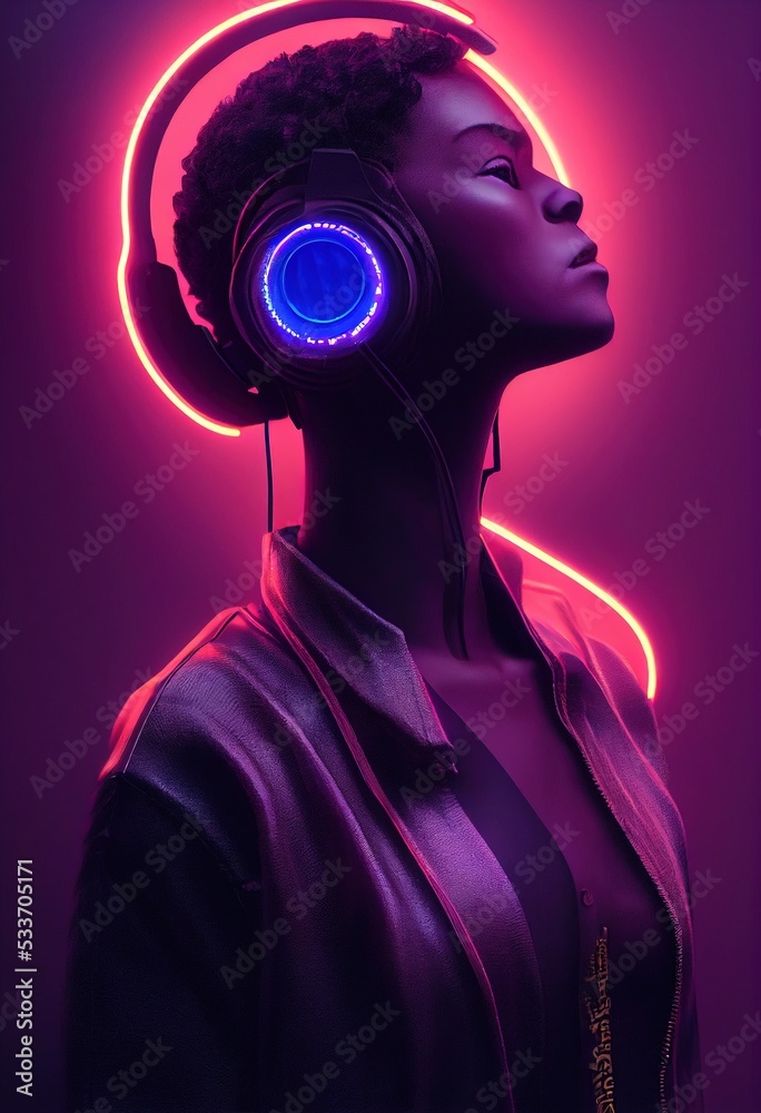 A fictional portrait of a ebony girl wearing a cyberpunk headset and ...