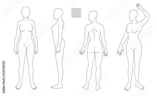 Human body full body illustration set transparent background solid line, woman, no face medical, fashion style © pil