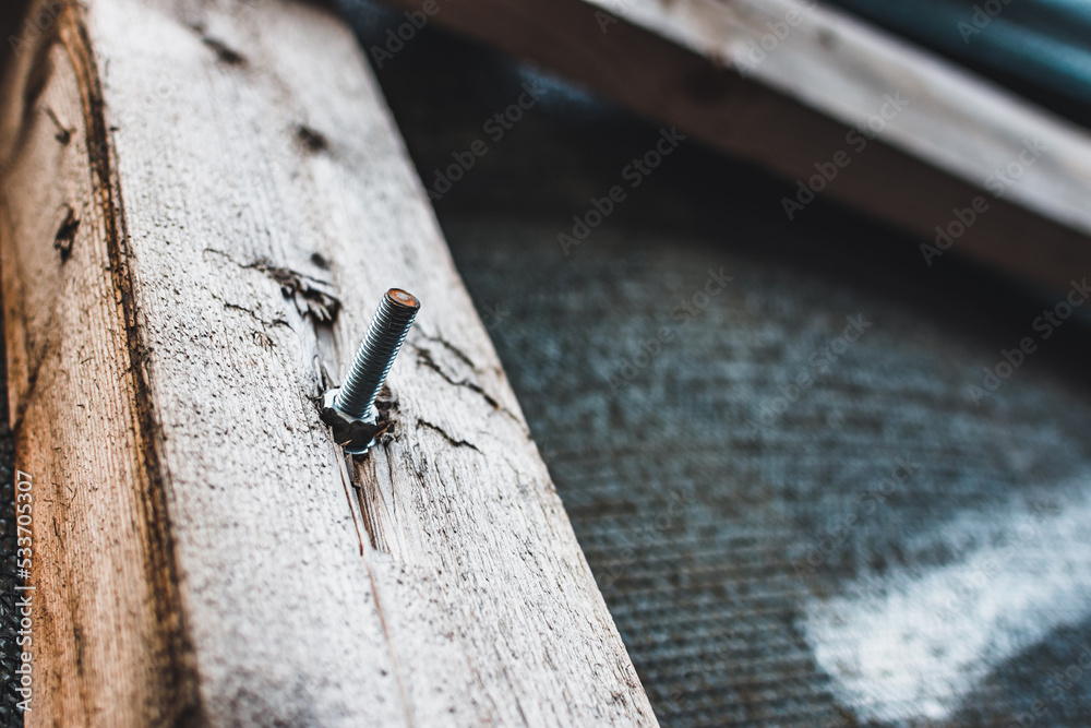 Obraz premium Threaded rod in a wood piece. Carpentry concept for home construction
