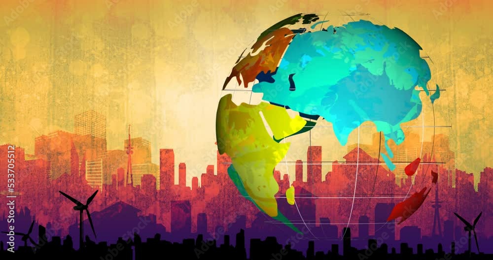 Animation of globe spinning over wind turbine and cityscape