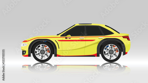 Fototapeta Naklejka Na Ścianę i Meble -  Concept vector illustration of sedan car yellow color with red line design. with shadow of car on reflected from the ground below. And isolated white background.
