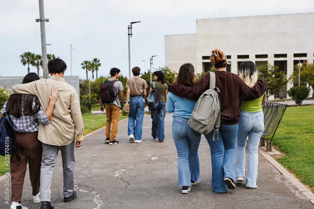 Young students walking together outside of university