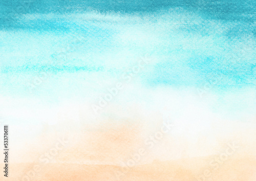 Watercolor painting blue ocean wave on sandy beach background.  Abstract blue sea and beach summer background for banner, invitation, poster or web site design, imitation, space for text. photo
