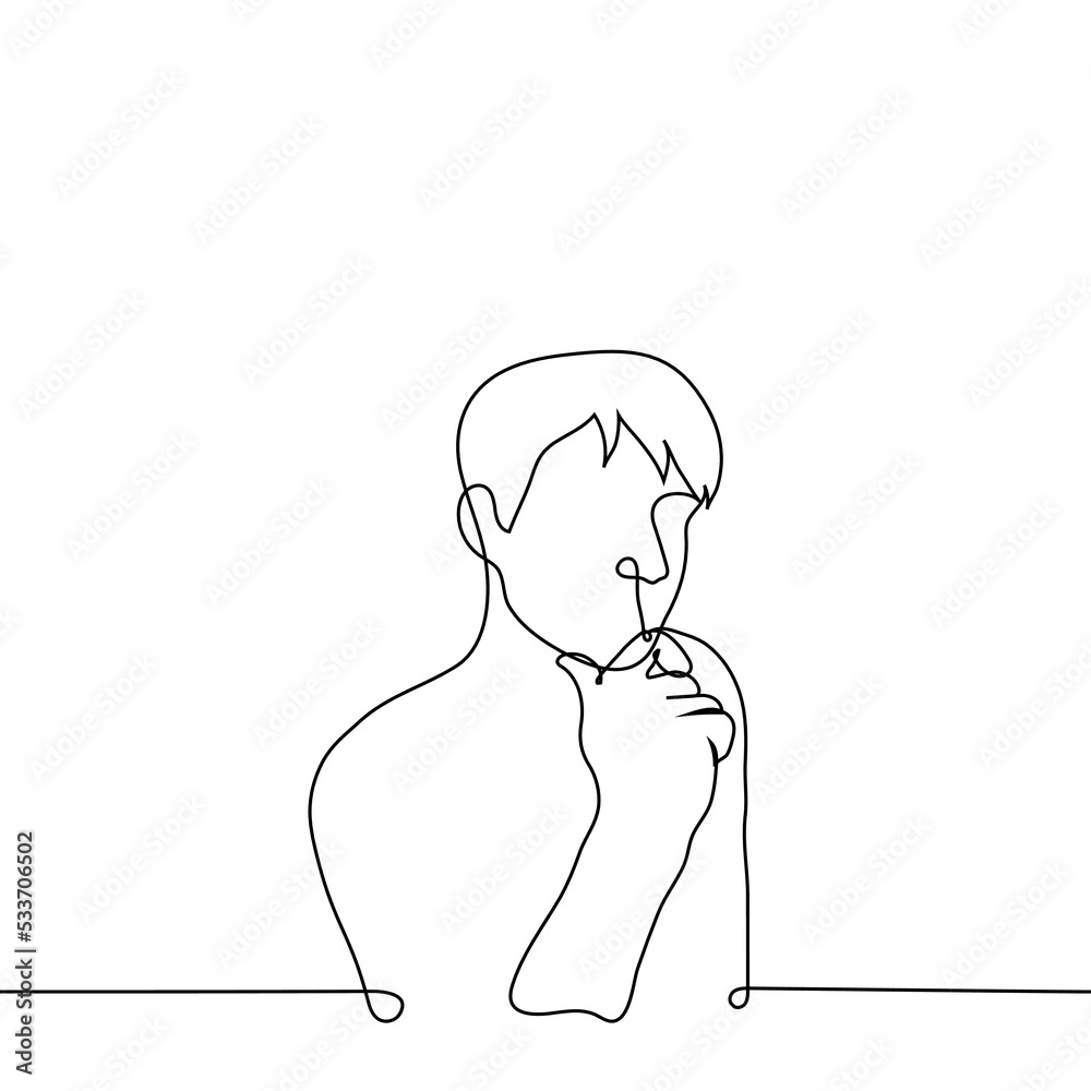man holding his own chin - one line drawing vector. the concept of reflection, suspicion