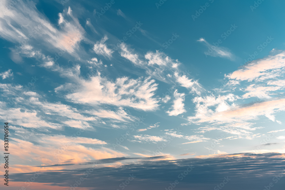 Beautiful landscape of cloudy sky with fluffy clouds. Natural background.