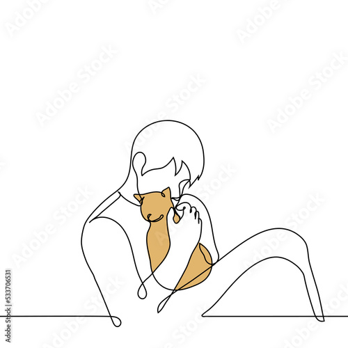 man hugging ginger cat - one line drawing vector. concept cat owner caresses and hugs his pet