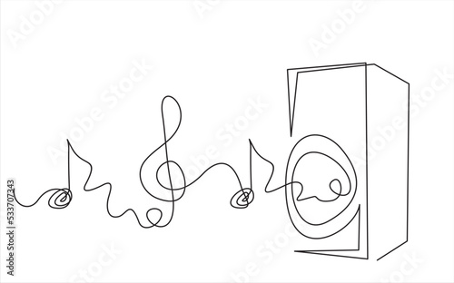 Continuous one line drawing of music column, treble clef and notes as line drawing on white background. Vector