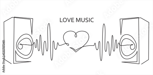 Continuous one line drawing of music column and heart as line drawing on white background. Vector