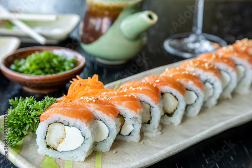 Typical peruvian food and drinks, variety of sushi