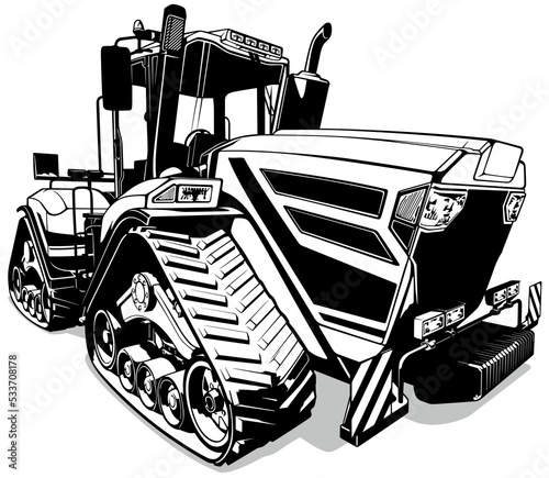 Drawing of Tracked Farm Tractor from Front View - Black Illustration Isolated on White Background, Vector