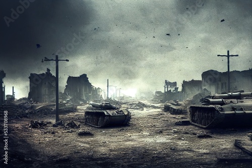 Battlefield with broken tanks from World War II. Destroyed equipment, dust and piles of debris. 3D rendering photo