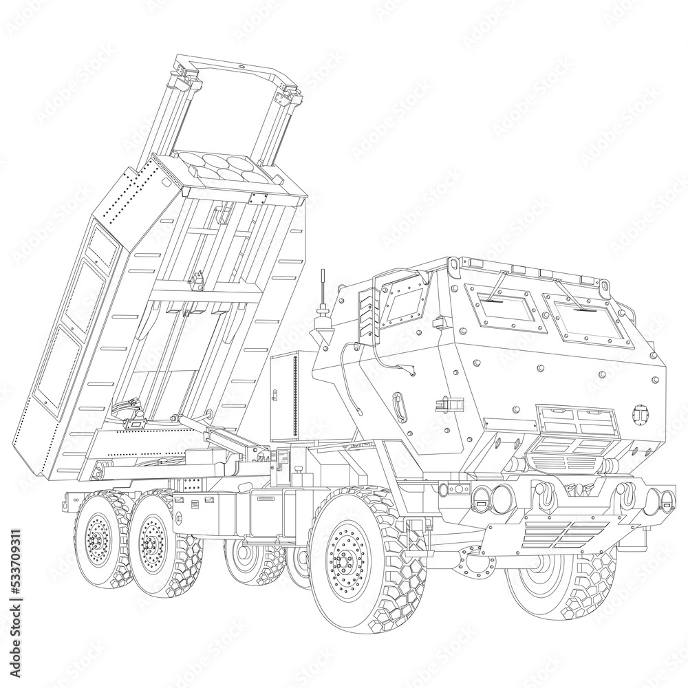 HIMARS coloring page in realistic style. M142 High Mobility Artillery Rocket System. Tactical truck.