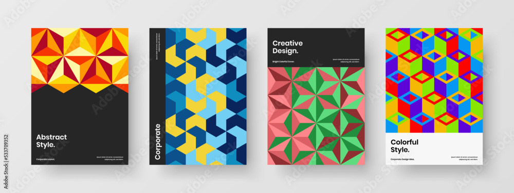 Minimalistic flyer A4 design vector template set. Creative geometric tiles presentation illustration bundle.