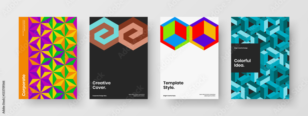 Bright mosaic tiles front page concept composition. Multicolored annual report A4 vector design illustration set.