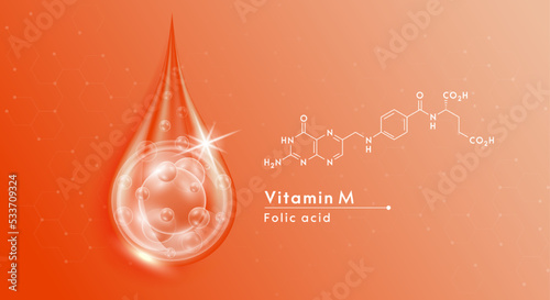 Serum drop water vitamin M orange and structure. Vitamins complex with collagen oxygen bubbles. Banner design template skin care cosmetics solution. Beauty medical concepts. 3D Realistic Vector EPS10.