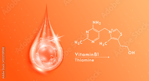 Serum drop water vitamin B1 orange and structure. Vitamins complex with collagen oxygen bubbles. Banner design template skin care cosmetics solution. Beauty medical concepts. 3D Realistic Vector.