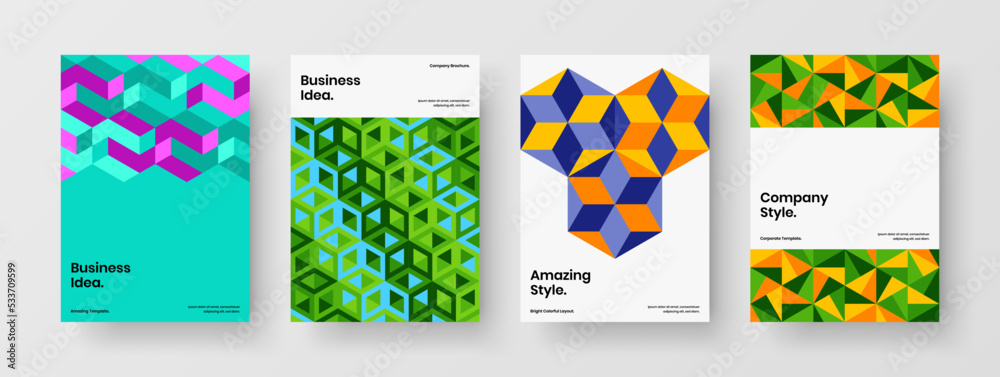 Trendy geometric hexagons corporate identity layout collection. Multicolored catalog cover design vector illustration bundle.