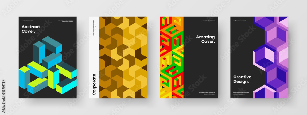 Creative corporate brochure A4 vector design concept collection. Colorful geometric hexagons cover layout bundle.