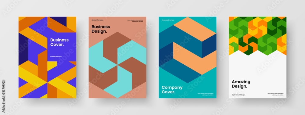 Fresh geometric hexagons banner illustration set. Colorful company cover A4 design vector template bundle.