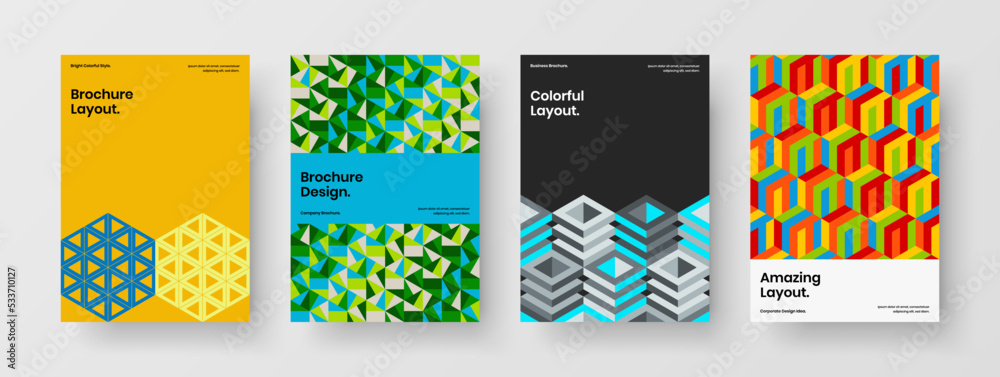 Trendy mosaic shapes company identity template set. Unique magazine cover design vector concept collection.