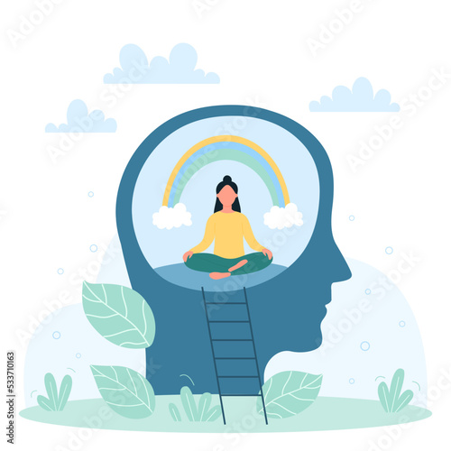 Positive thinking, mental health, mind balance vector illustration. Cartoon happy tiny person sitting and meditating in lotus position and rainbow inside abstract human head, wellbeing of personality