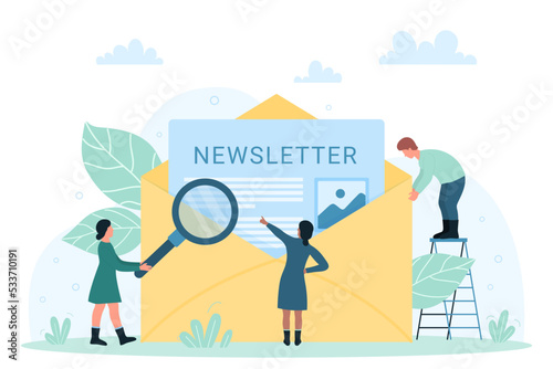 Email and popup message subscription vector illustration. Cartoon tiny people looking through magnifying glass at newsletter in envelope, subscribe and research latest blog news, online store offers