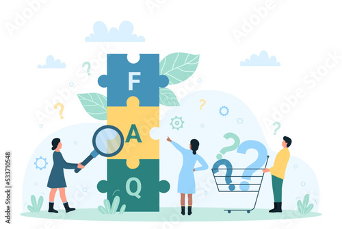 FAQ inquiry vector illustration. Cartoon curious tiny people look through magnifying glass at FAQ letters inside connected puzzles  ask questions  point and investigate  search information and manuals