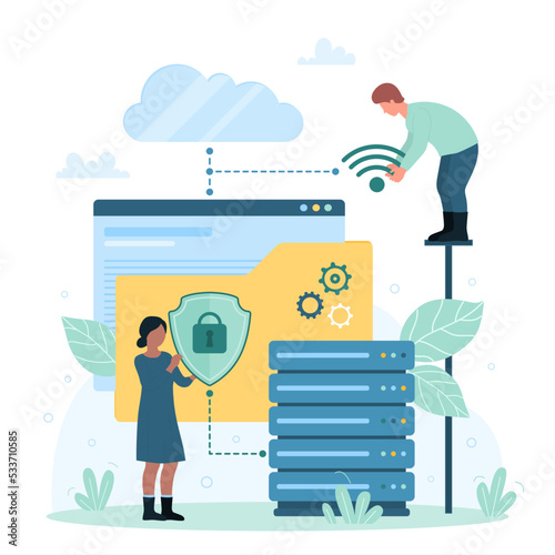 Cyber safety software, digital technology vector illustration. Cartoon tiny people protect personal data in computer, database server with shield, online wireless internet access and firewall system