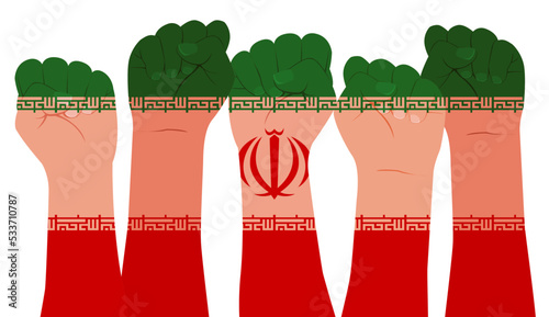 Women's hands clenched into a fist on the background of the Iranian flag. Protests in Iran. Female protesters' hands raise their fists. Women's rights. Vector flat modern illustration.