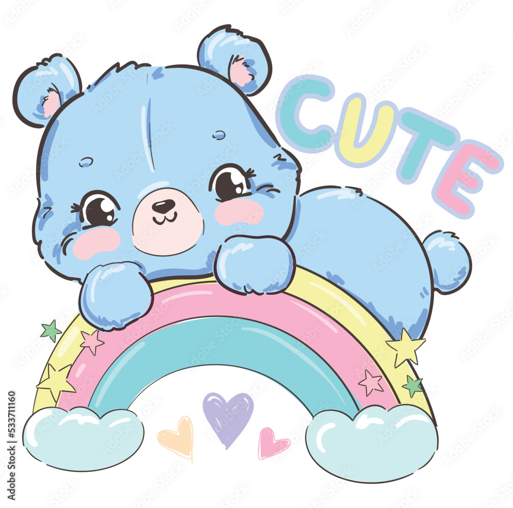 Cute Teddy Bear and Sits on the rainbow Kids print vector illustration