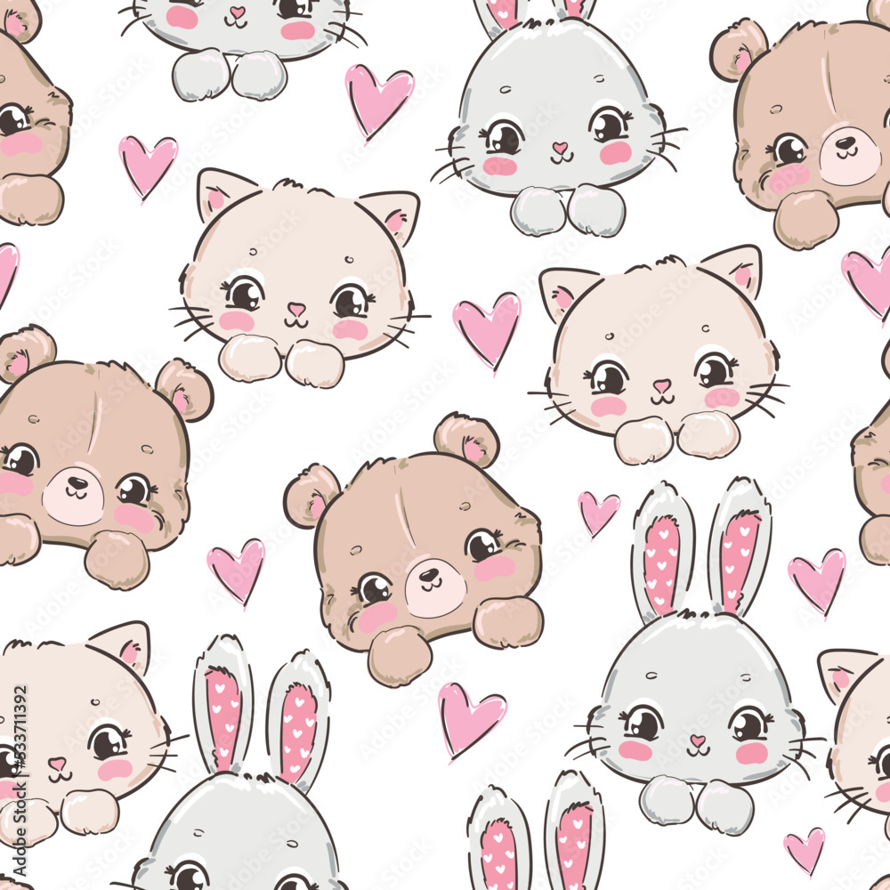 Obraz premium Hand Drawn Cute Cat, Bear, Bunny vector Sketch Seamless pattern, print design