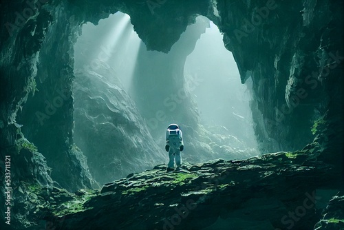 Fototapeta Matte painting of an astronaut exploring space caves.