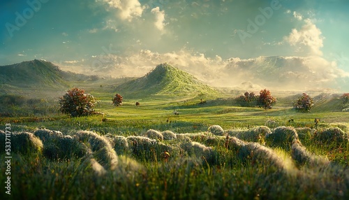Fotografia Summer landscape of a green meadow with trees and haystacks and grass, mountains