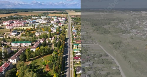 transition on video of flight over the city with result before and after color grading with applying the lut, look up table, to video raw log file