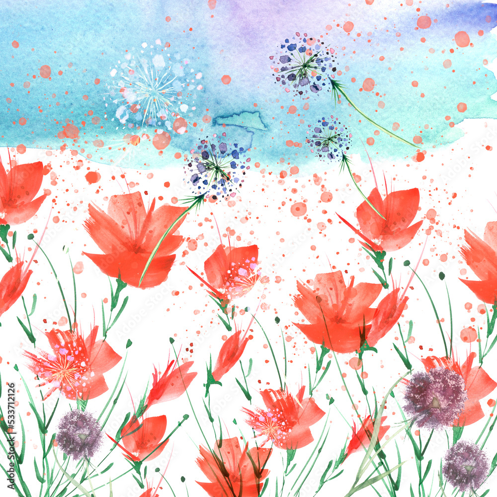 Watercolor painting. A bouquet of flowers of red poppies, dandelion, wildflowers on  isolated background. Hand drawn watercolor floral illustration, logo. Abstract splash of watercolor paint. Banner