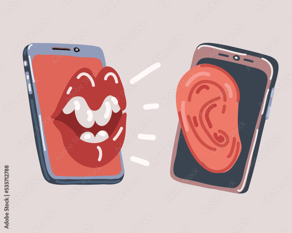 Vector illustration of Endless talks smartphone. Female mouth talks to ear. Talking and gossip concept Vector illustration of Endless talks smartphone. Female mouth talks to ear. Talking and gossip concept