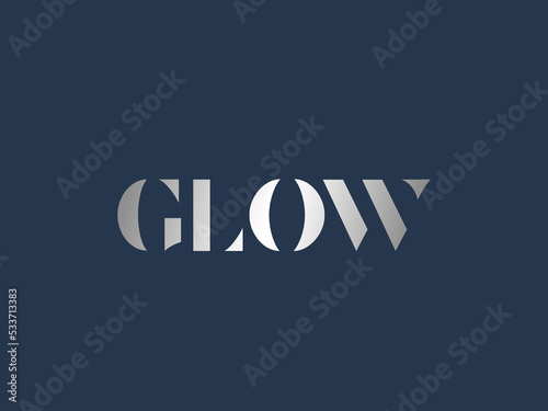 GLOW word mark logo. Lettering sign. Alphabet initials icon isolated on dark background. Typography illustration. Modern design, luxury, beauty style uppercase text serif silver characters.