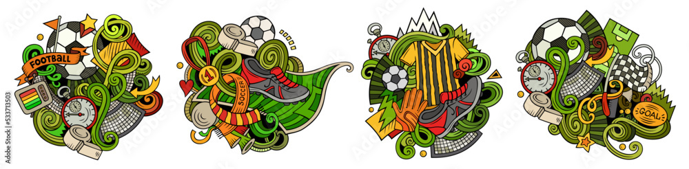 Football cartoon vector doodle designs set.