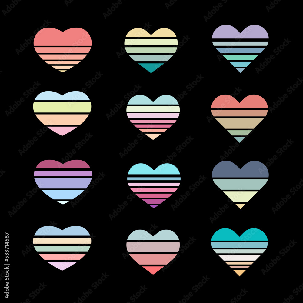 A set of striped colored hearts A set of striped colored hearts