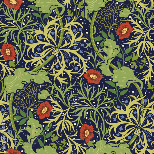 Floral seamless pattern with small red flowers and green foliage on dark blue background. Vector illustration.
