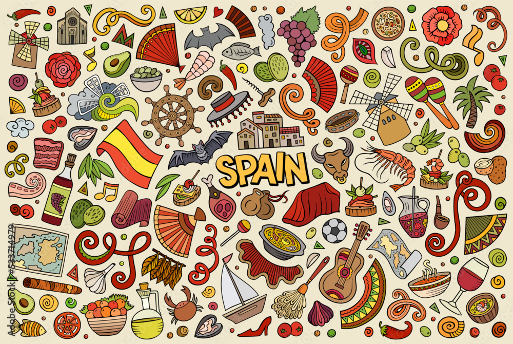 Naklejka premium Doodle cartoon set of Spain objects and symbols