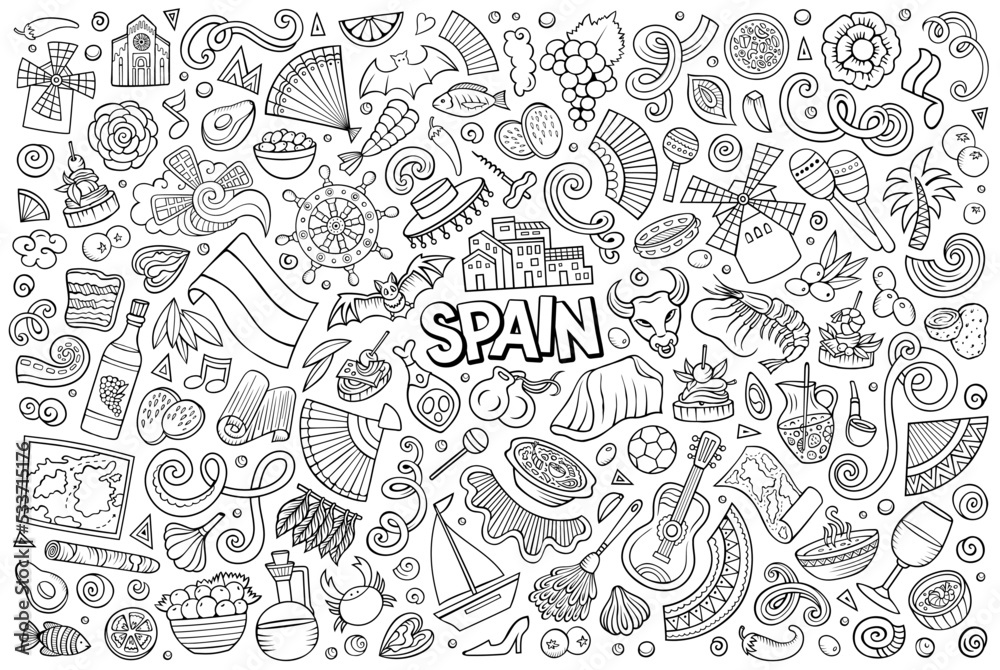 Fototapeta premium Doodle cartoon set of Spain objects and symbols