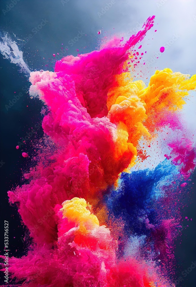a colorful cloud of colored powder flying in the air, colorful paint spewing into the air on the back ground.