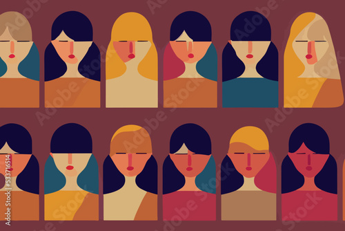 Illustration containing representatives of different races in defense of human rights. Vector image of women of different colors and ethnicity together.

