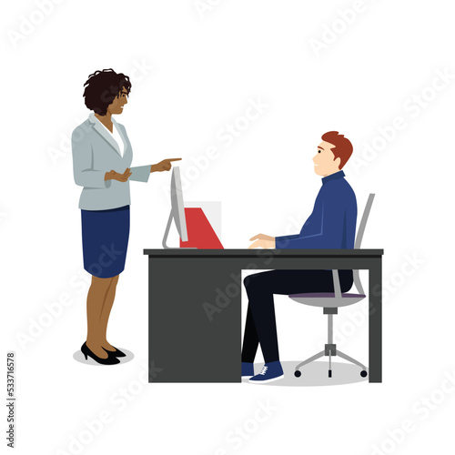 Angry business woman pointing finger at man. Colleague reprimanding, blaming, accusing coworker of mistake. Office workers conflict. Argument, confrontation  dispute. Flat vector illustration
