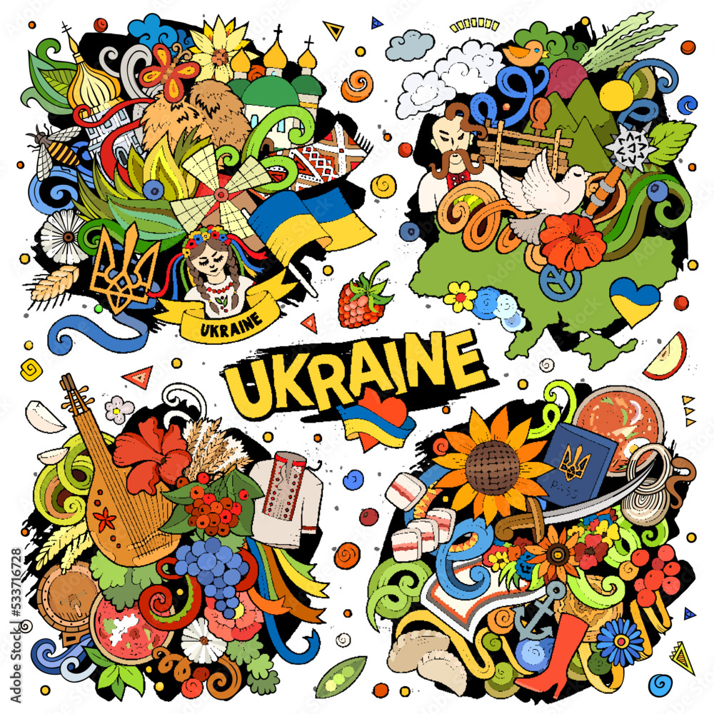 Fototapeta premium Ukraine cartoon vector doodle designs set.