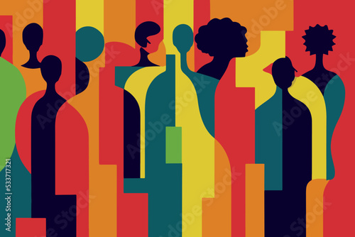 Illustration containing people of different races in defense of human rights. Vector image of people of different skin color and ethnicity together.
