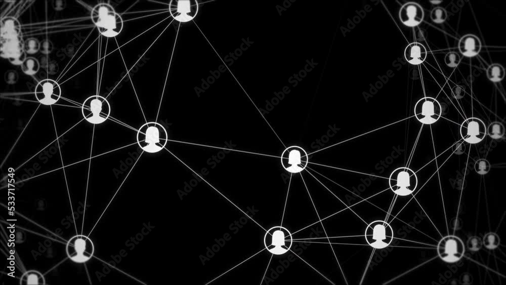 Network of connections and white people icons interacting on black background, Global communication network concept, networking, lines connecting people, 4k looping animation 

