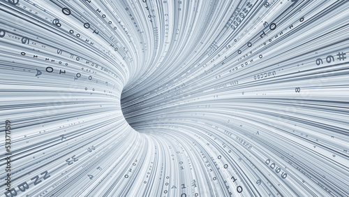 Fototapeta Naklejka Na Ścianę i Meble -  Neon rays virtual flight. 3D illustration of computer code flowing inside cable. High-speed data transmission tunnel. Internet Gateway Data Flow